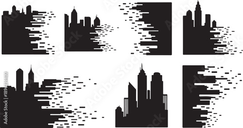 City Skyline Silhouettes with Pixelated Effects in Black and White