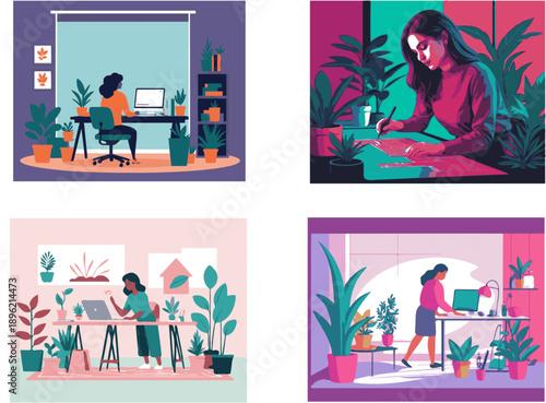 kit de 4 imagenes de Persona trabajando en una interfaz holográfica, diversidad étnica, oficina moderna en casa, estética vegetal, diversos estilos