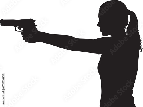 Black silhouette profile of a woman with ponytail holding and aiming a handgun isolated on white background for self defense crime and security concept