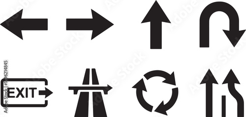 Collection of black arrow icons and road direction signs for navigation and traffic guidance Vector