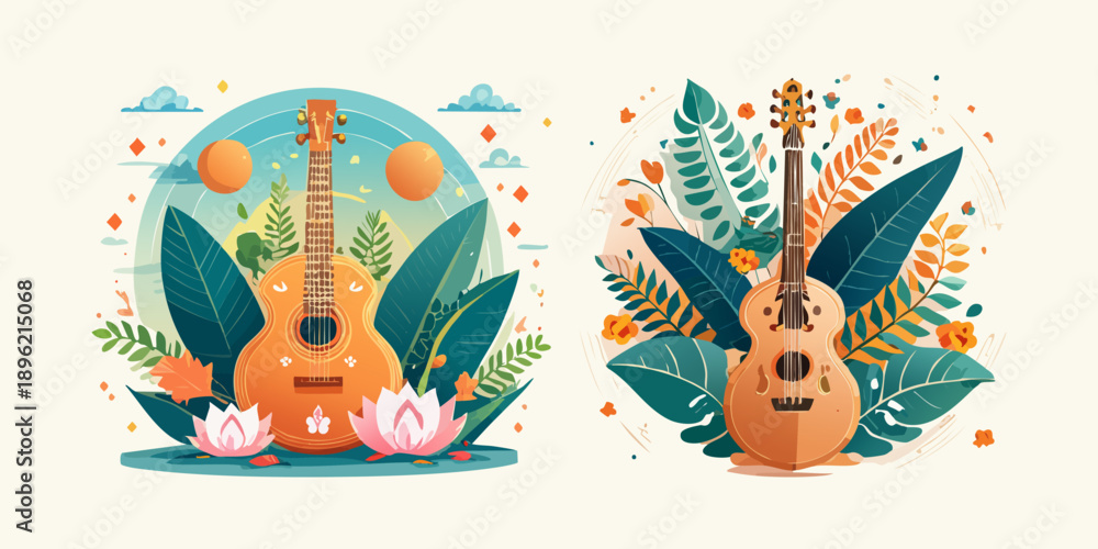 Fototapeta premium acoustic guitar and autumn leaves for a vasant celebration frame