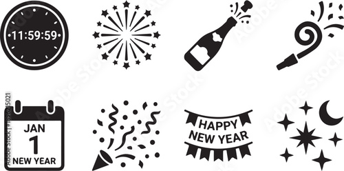 Happy new year celebration icons set with fireworks, clock, and party essentials Vector