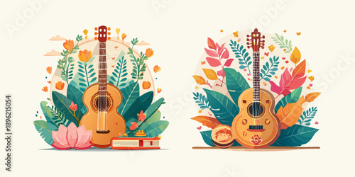 Abstract floral vector illustration featuring festive acoustic guitar and autumn leaves for a vasant celebration frame