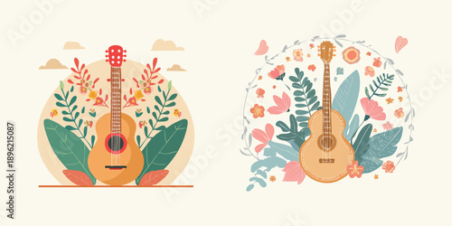 Charming Floral Arrangements Featuring Acoustic Guitars, Celebrating Music and Nature's Beauty