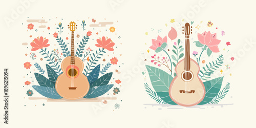 Whimsical Acoustic Harmony Flat Design Illustrations Featuring Guitars Nestled Among Vibrant Floral Arrangements and Lush Botanical Elements, Celebrating Nature's Melody and Artistic Serenity