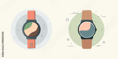 Sleek vector illustrations depicting two modern wristwatches with abstract, digitally inspired face designs, symbolizing contemporary technology and personal time management
