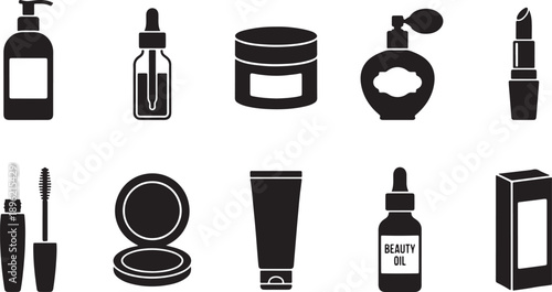 A collection of essential beauty and cosmetic product icons in sleek black silhouettes Vector