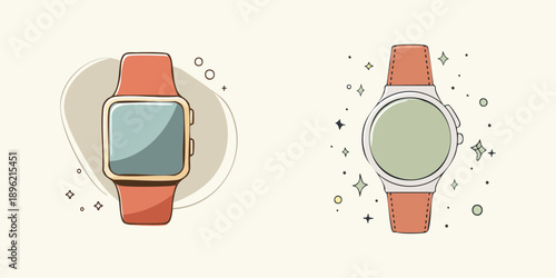 Stylish vector illustrations of contemporary smartwatches, featuring both classic round and modern square display designs, ideal for digital technology concepts and fashion accessories