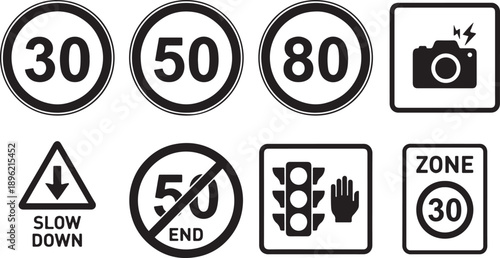 Collection of essential road safety signs: speed limits, slow down, traffic camera, and regulation icons Vector