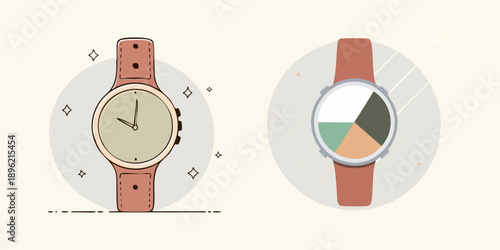 Modern flat design illustrations featuring two distinct wristwatches, one classic analog and another with a segmented data display, symbolizing time management and wearable technology innovation