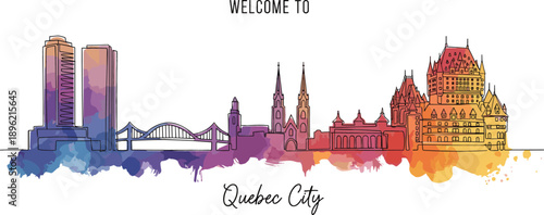 Colorful watercolor Quebec City skyline vector featuring historic architecture and famous landmarks in vibrant blue red yellow tones.