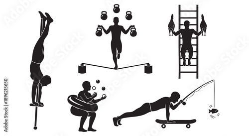 Funny Fitness Silhouettes, Men Performing Absurd and Extreme Workouts