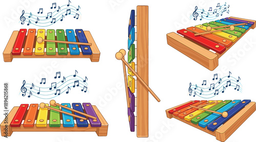 Colorful toy xylophone vector set with rainbow musical bars and mallets for children's music education and play design