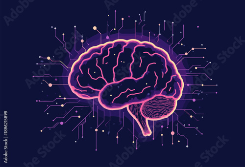 Flat Brain Circuit human brain shape made tech nodes wires Artificial Intelligence concept