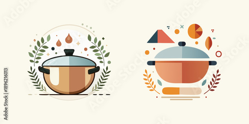 Charming set of graphic cooking pot illustrations, celebrating the art of culinary creation and healthy home cooking with decorative natural elements