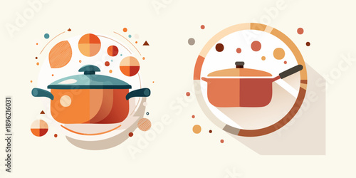 A collection of two abstract illustrations featuring kitchen pots and pans, presented in a vibrant and modern graphic style