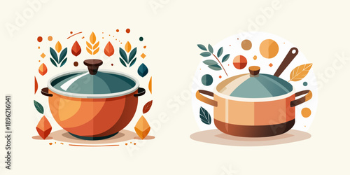 Cozy kitchen scene with pots and natural elements, perfect for culinary themes and home decor