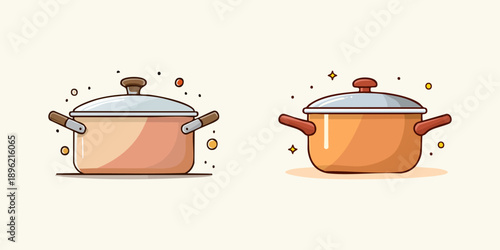 Two cartoon pots with lids, one orange and one peach, isolated on a light background, ready for cooking and culinary endeavors