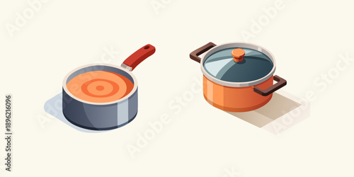 Modern isometric kitchen utensils illustration for preparing delicious meals a vibrant saucepan with simmering sauce and a classic lidded pot, essential for any cook