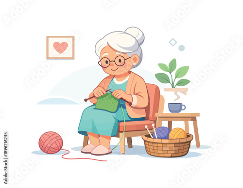 Elderly woman knitting in cozy room with yarn basket, flat vector illustration
