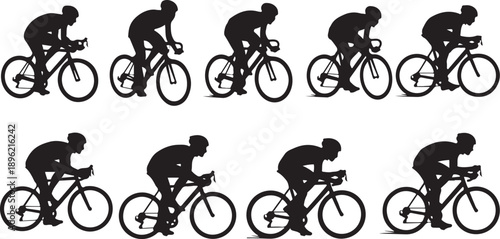 Silhouette of cyclists in various cycling positions and movements