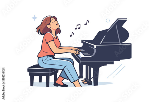Woman playing grand piano, flat vector illustration with musical notes
