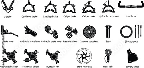 Comprehensive Bicycle Component Silhouette Set Featuring Various Brake Systems Rear Derailleurs Cassette Sprockets Handlebars And Front Light