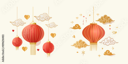 Traditional Chinese New Year lanterns adorned with golden clouds and hearts, symbolizing good fortune and prosperity during festive celebrations