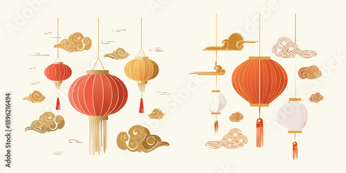Festive Chinese Lanterns and Clouds Decoration Illustration