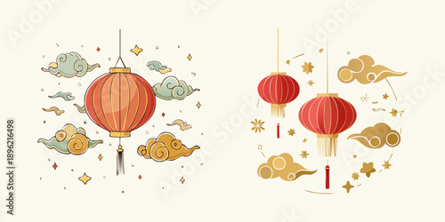 Traditional Chinese lanterns with clouds and stars, festive decorations