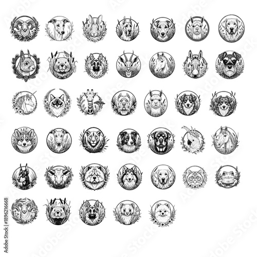 collection of 40 animal portraits covered with floral circles. perfect for adding a touch of nature-inspired charm to any project. vector illustration