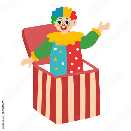 Circus, with circus clowns from inside the box. Circus, fair, carnival. Vector illustration