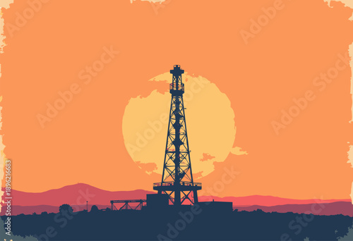 Vertical vintage travel poster Tulsa, Oklahoma Golden Driller statue silhouette against warm orange sunset Flat