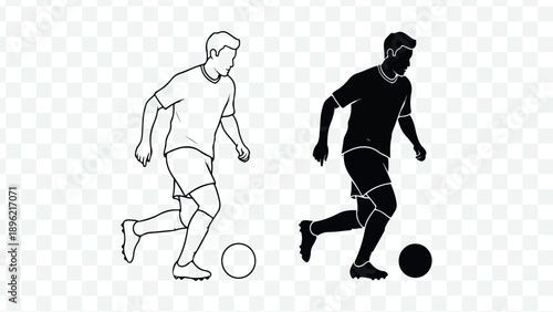 Vector illustration of soccer players in action, black and white silhouettes, kicking soccer balls, for sports or athletic branding, Isolated, png isolated on Transparent Background