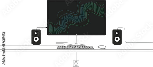 Modern desktop computer setup featuring a large monitor displaying abstract green sound waves flanked by two black audio speakers on a clean desk