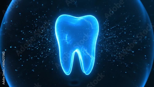 A glowing blue holographic tooth rendering with sparkling particles on a dark background, representing dental science.