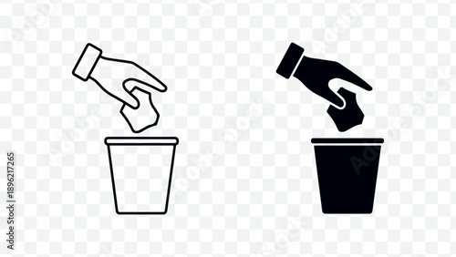 Black and white vector icons of hands putting or taking cards into and from buckets, for business or finance concepts isolated on Transparent Background