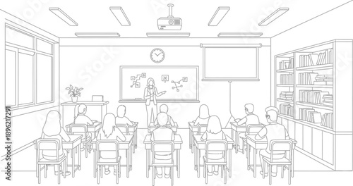 Line art drawing captures a focused female teacher presenting complex diagram concepts on a whiteboard to seated students in a modern classroom setting.