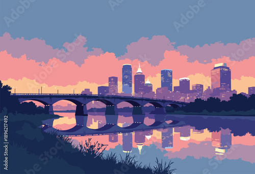 Flat illustration Omaha, Nebraska skyline Bob Kerrey Pedestrian Bridge reflecting river twilight Minimalist style