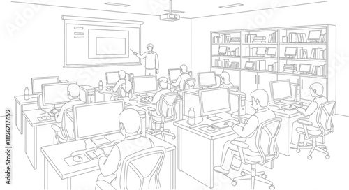 Teacher instructing students using computer workstations during a training session inside a modern technology classroom environment