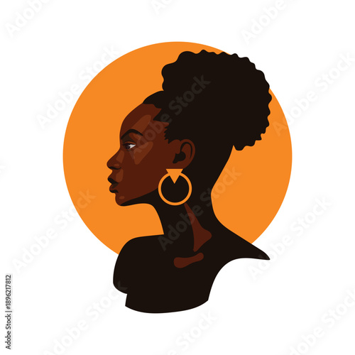 Elegant portrait of an African woman in profile with natural hair bun and gold hoop earrings on a warm orange background.