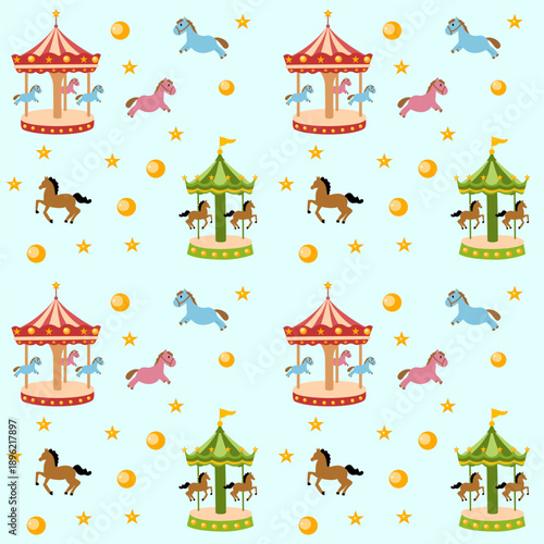 Seamless pattern with festive merry-go-round, vintage carousel with horses. Background seamless pattern vintage carousel.