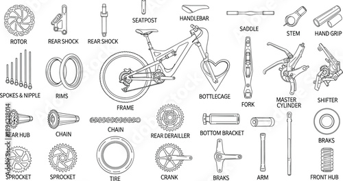 Comprehensive mountain bike components set with labeled technical parts for bicycle repair and professional cycling equipment maintenance