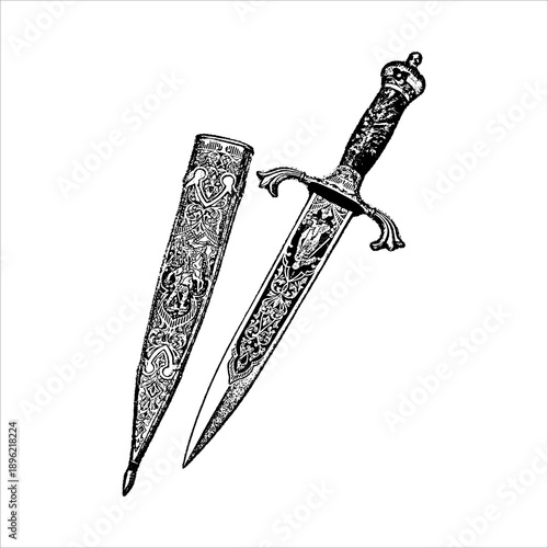 Ornate medieval dagger and sheath illustration