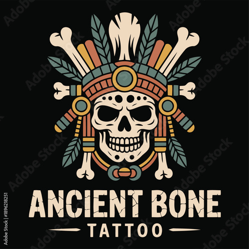 Ancient bone tattoo logo featuring a stylized skull in a native american chief headdress with feathers and bones