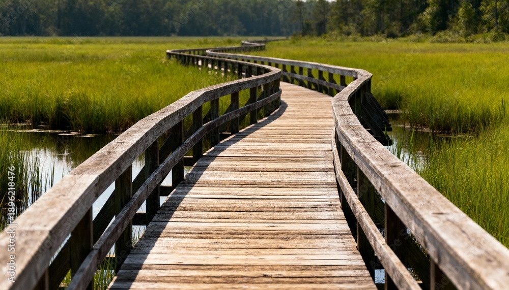 Fototapeta premium Wooden boardwalk path winding through a lush green wetland with vanishing point perspective