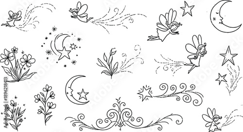 Magical Fairy and Moon Outline Illustrations
