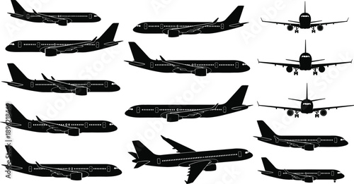Comprehensive set of black airplane silhouettes and commercial aircraft icons in various flight angles and perspectives for aviation design