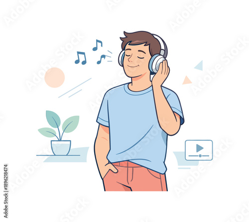 Man listening to music with headphones, flat vector illustration
