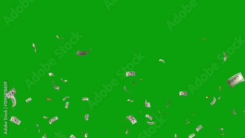 Money explosions green screen, Falling money. American money paper one hundred dollars banknotes. 100 dollar bills loop bills. Cash money. Concept of investment and saving, wealth, corruption, income